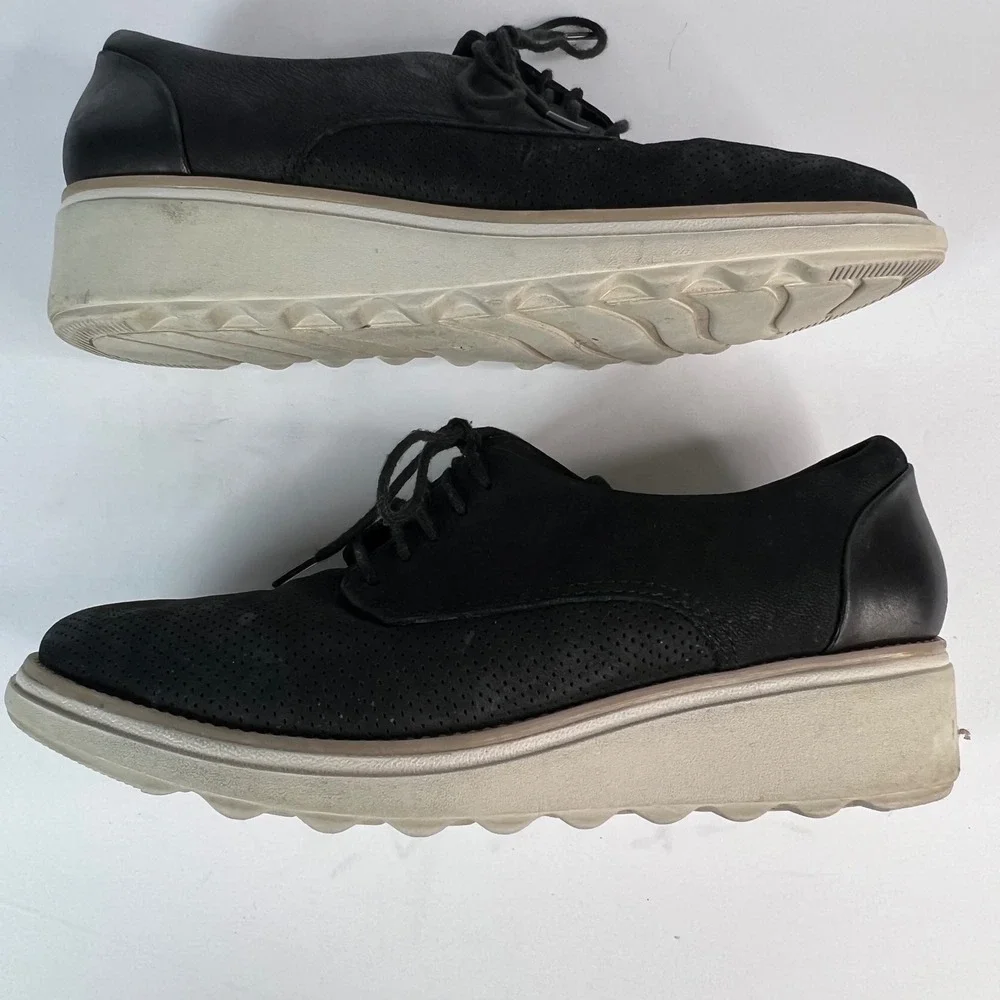 Clark's Women's Black Perforated‎ Oxford Platform Wedge Shoes US 7 C1Z Preppy